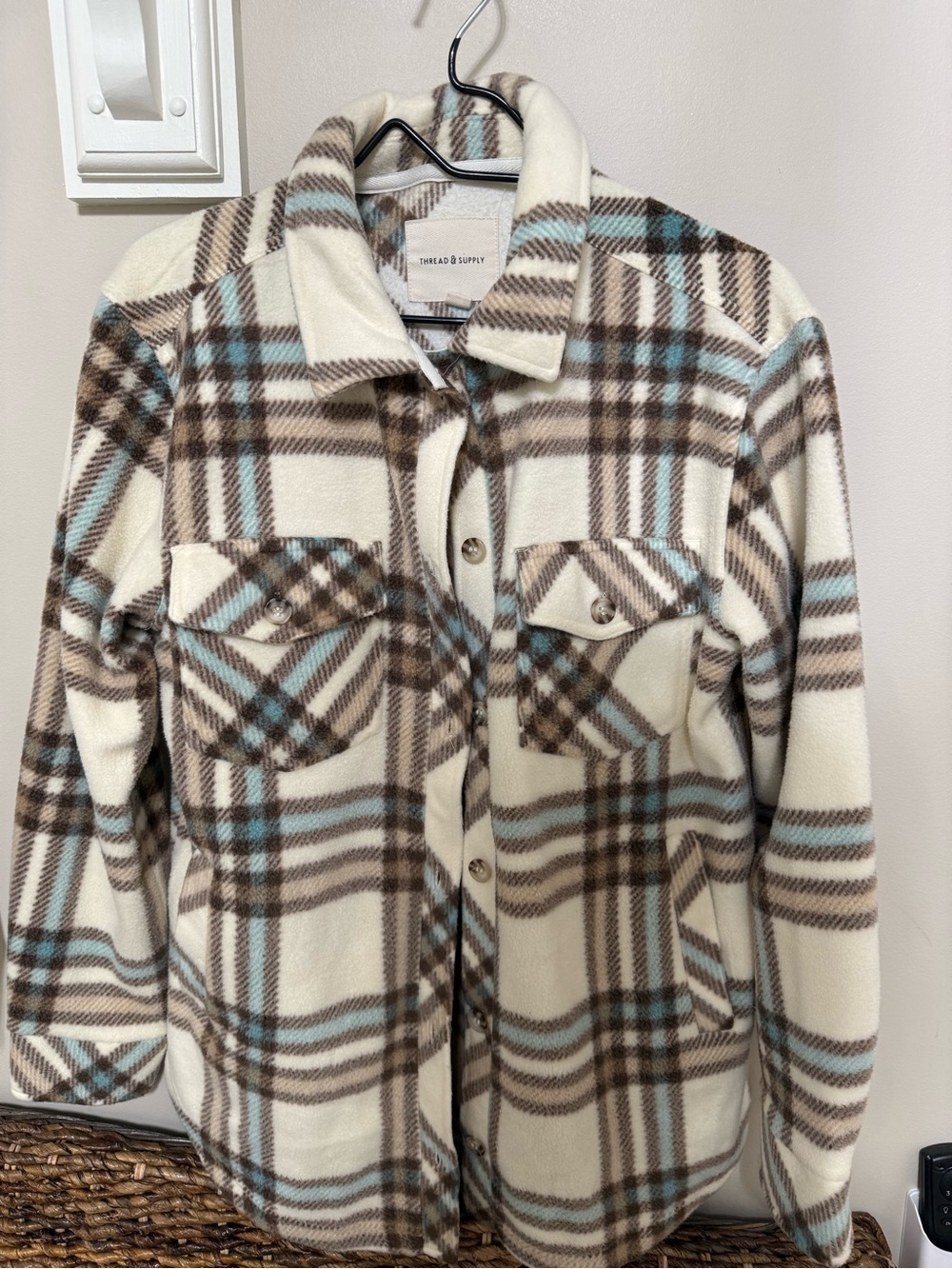 Thread & Supply Cream, Brown & Light Blue Plaid Fleece Shacket
